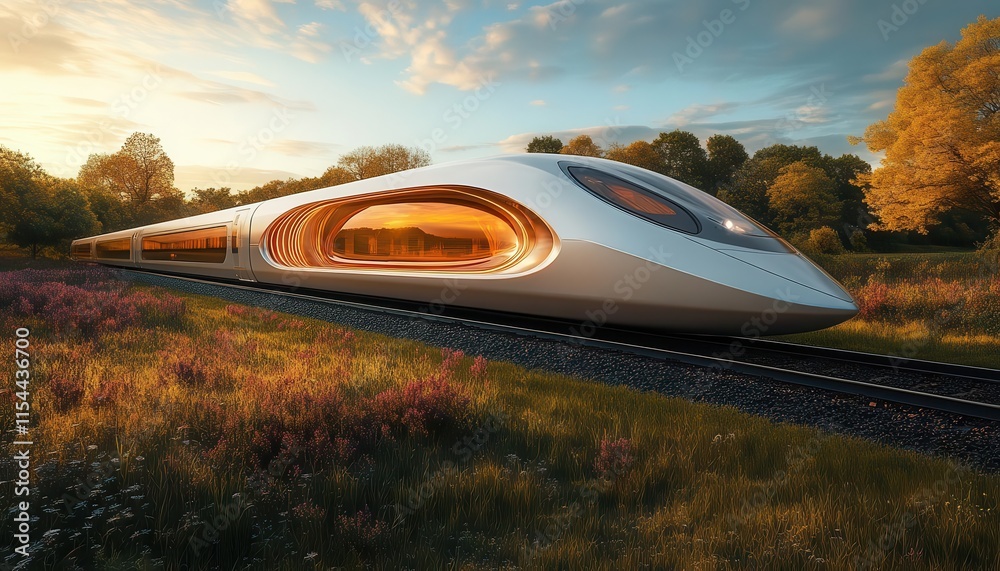 Obraz premium A sleek bullet train passing through a countryside landscape, blending modern innovation with natural beauty, vibrant and dynamic