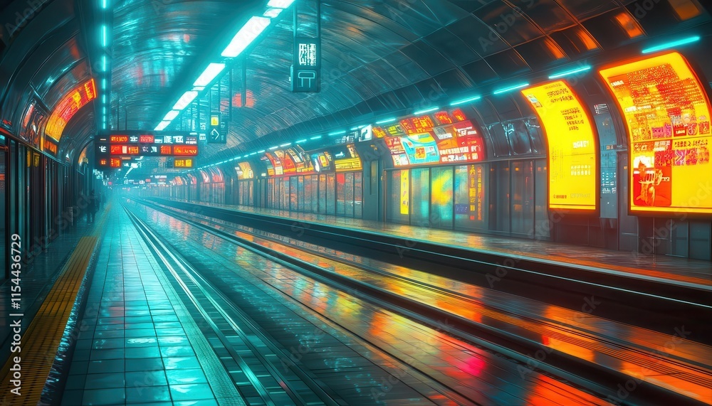 A sleek futuristic subway station in Tokyo, illuminated by glowing holographic signs and vibrant neon accents, ultramodern and efficient A sleek futuristic subway station in Tokyo, illuminated by glowing holographic signs and vibrant neon accents, ultramodern and efficient