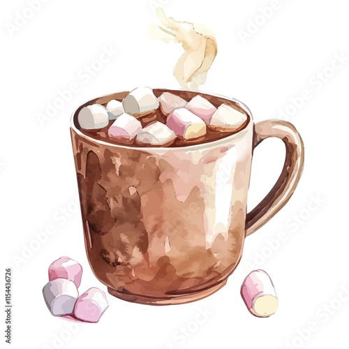 A watercolor vector of a cup of hot chocolate with marshmallows, isolated on a white background. Hot chocolate vector.
