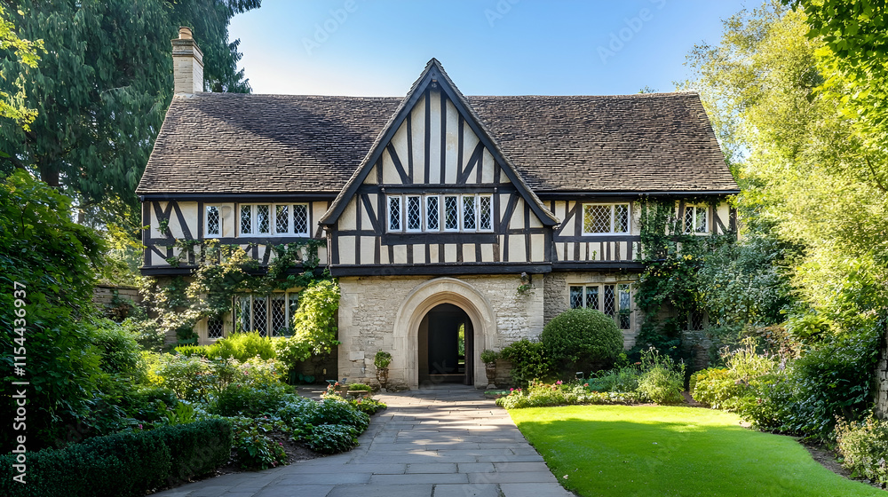 Charming Tudor manor in Oxford England with half-timbered walls and an arched entryway Charming Tudor manor in Oxford England with half-timbered walls and an arched entryway