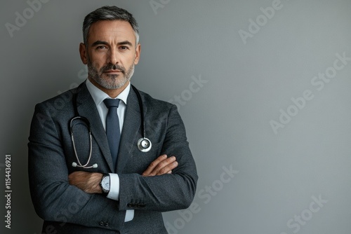 Confident male doctor with stethoscope, arms crossed, serious expression.