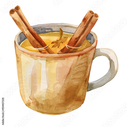 A watercolor vector of a cup of hot cider with cinnamon sticks, isolated on a white background. Hot cider vector.
