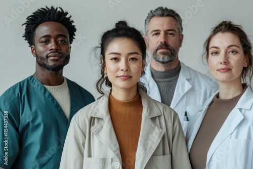 Four diverse healthcare professionals, two men and two women, stand together, showcasing inclusivity and medical expertise.