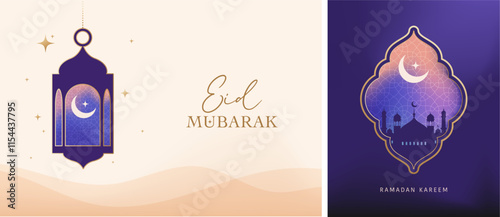 Ramadan Kareem window and lantern backgrounds. Modern Islamic greeting card template and wallpaper design. Poster and media banner vector illustration