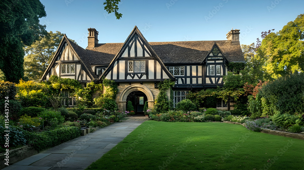 Charming Tudor manor in Oxford England with half-timbered walls and an arched entryway Charming Tudor manor in Oxford England with half-timbered walls and an arched entryway