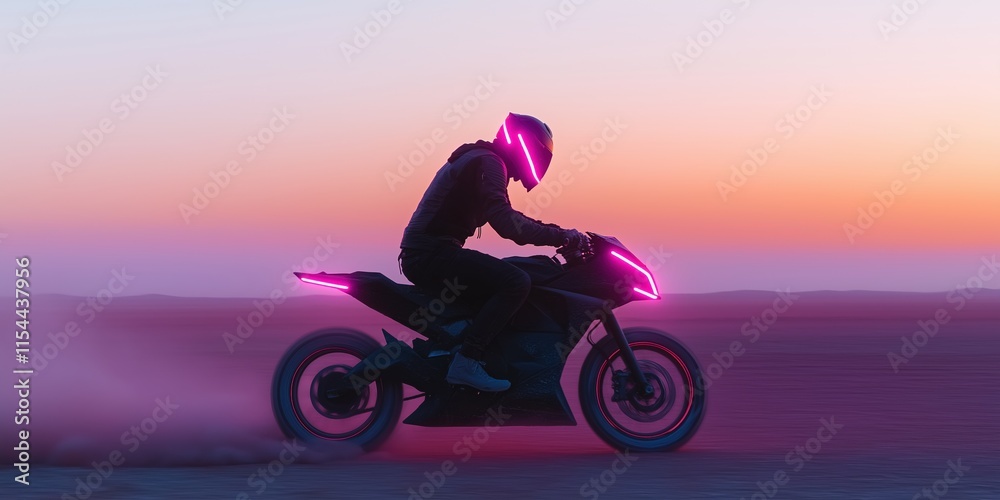 A man is riding a motorcycle with neon lights on it. The scene is set in a desert, with a beautiful sunset in the background. Scene is energetic and adventurous A man is riding a motorcycle with neon lights on it. The scene is set in a desert, with a beautiful sunset in the background. Scene is energetic and adventurous