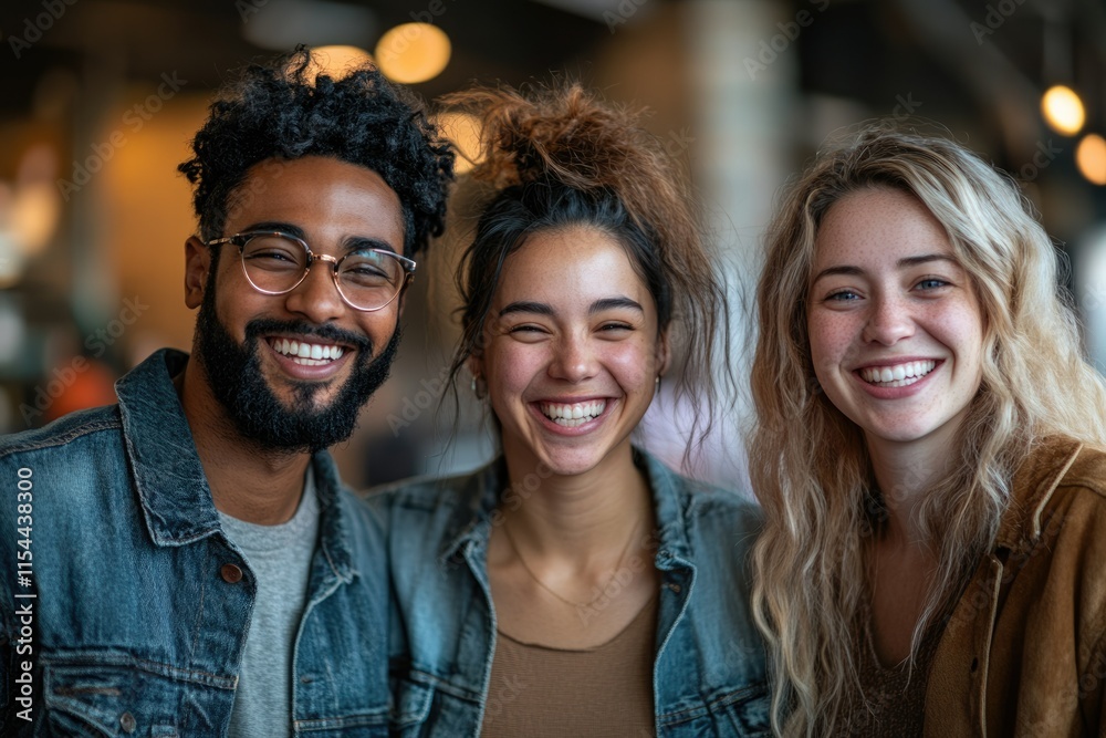 Three diverse young adults, two women and a man, smiling brightly for a friendly portrait. Three diverse young adults, two women and a man, smiling brightly for a friendly portrait.