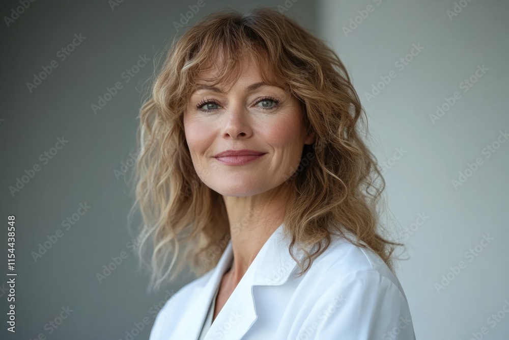 A middle-aged woman with shoulder-length wavy blonde hair smiles gently while wearing a white lab coat. A middle-aged woman with shoulder-length wavy blonde hair smiles gently while wearing a white lab coat.
