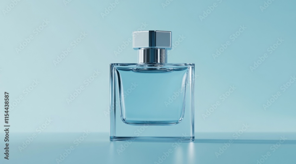 Square glass perfume bottle with silver cap on blue background. Square glass perfume bottle with silver cap on blue background.