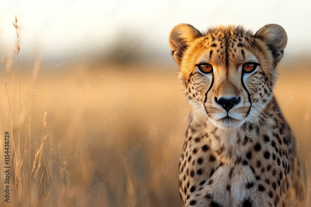 Cheetah resting in golden grassland during early evening light in a serene wildlife habitat Cheetah resting in golden grassland during early evening light in a serene wildlife habitat