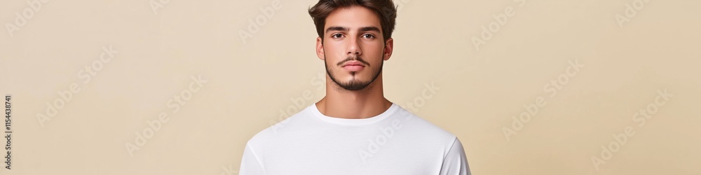 Fototapeta premium A man is standing in front of a white background. He is wearing a white shirt and has a beard