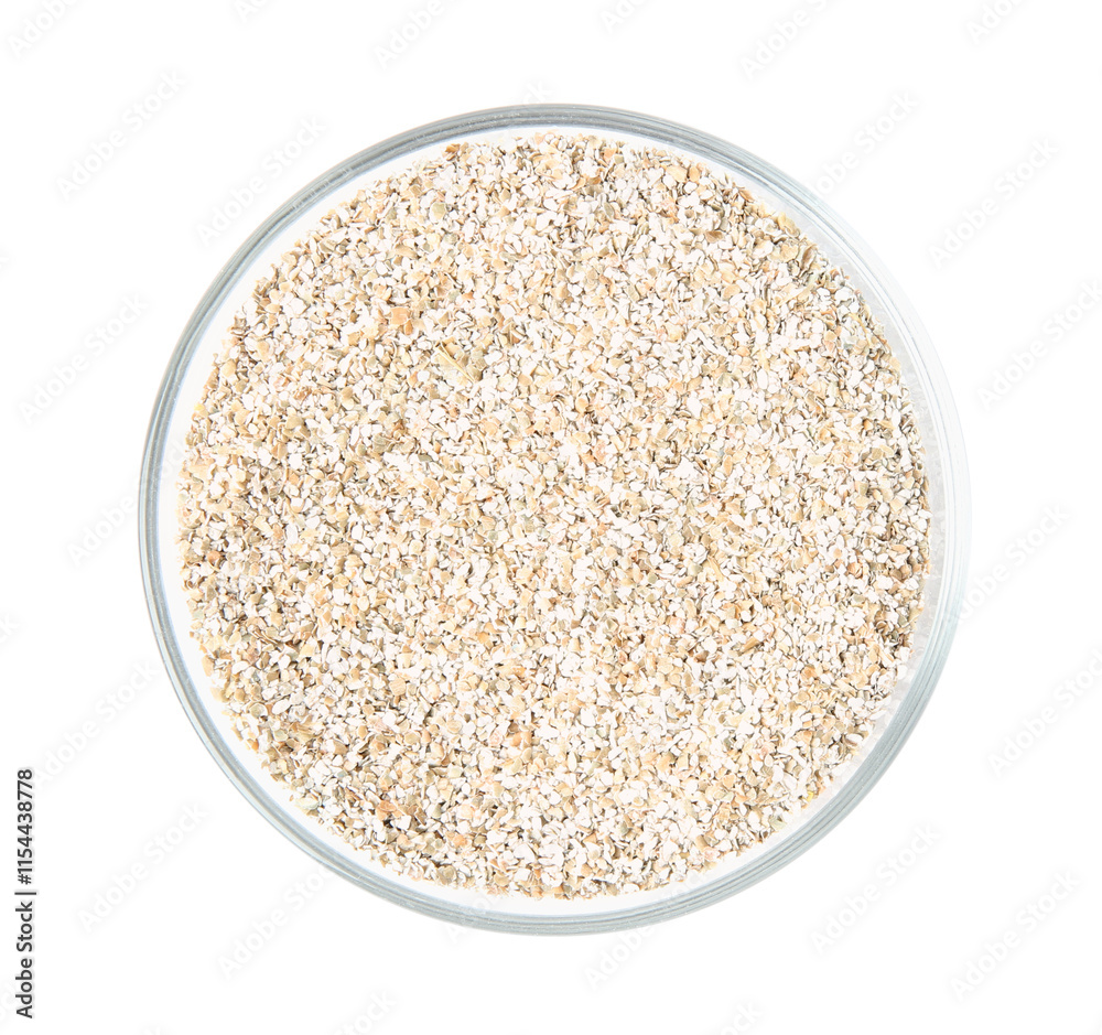 Fresh rye bran in bowl isolated on white, top view Fresh rye bran in bowl isolated on white, top view