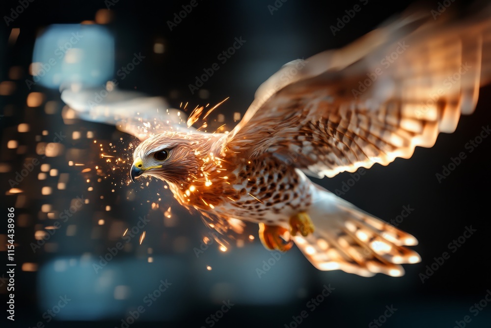 Fototapeta premium Hawk in flight creating a stunning display of sparks and feathers at sunset in a natural setting