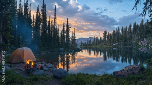 Fototapeta Naklejka Na Ścianę i Meble -  Tranquil camping scene with tent and campfire by a reflective lake at sunset