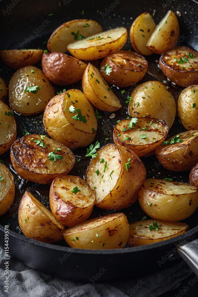 Golden fried potatoes in a frying pan, with an appetizing crust. The perfect dish for any lunch or dinner, whetting the appetite Golden fried potatoes in a frying pan, with an appetizing crust. The perfect dish for any lunch or dinner, whetting the appetite