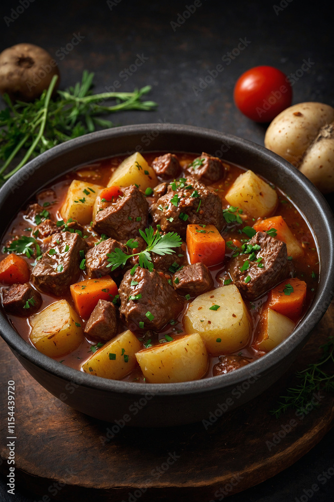 Hearty and flavorful stew with potatoes and meat. A perfect dish for lunch or dinner. Close-up shows delicious pieces of meat and vegetables. Warm and home-cooked food Hearty and flavorful stew with potatoes and meat. A perfect dish for lunch or dinner. Close-up shows delicious pieces of meat and vegetables. Warm and home-cooked food