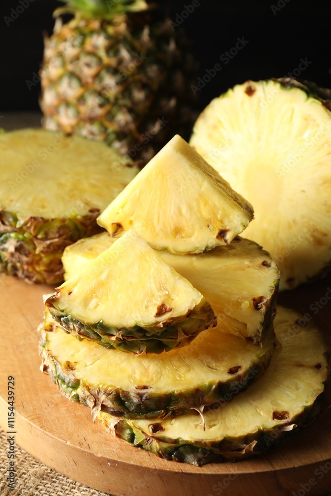 Slices of fresh ripe pineapples on table, closeup Slices of fresh ripe pineapples on table, closeup