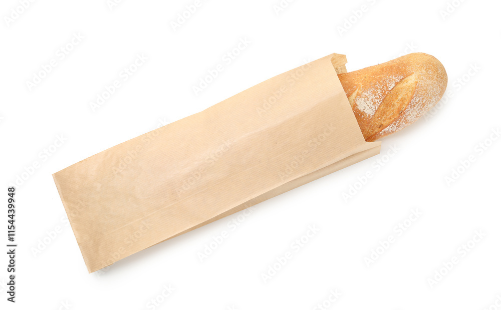 Freshly baked baguette in paper bag isolated on white, top view Freshly baked baguette in paper bag isolated on white, top view
