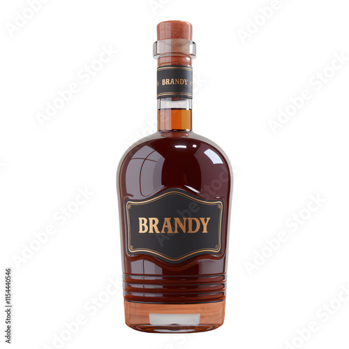 A 3D render of a cartoon-style bottle of brandy. The bottle is isolated on a transparent background. The bottle is a dark brown color with a label that has gold text that reads 
