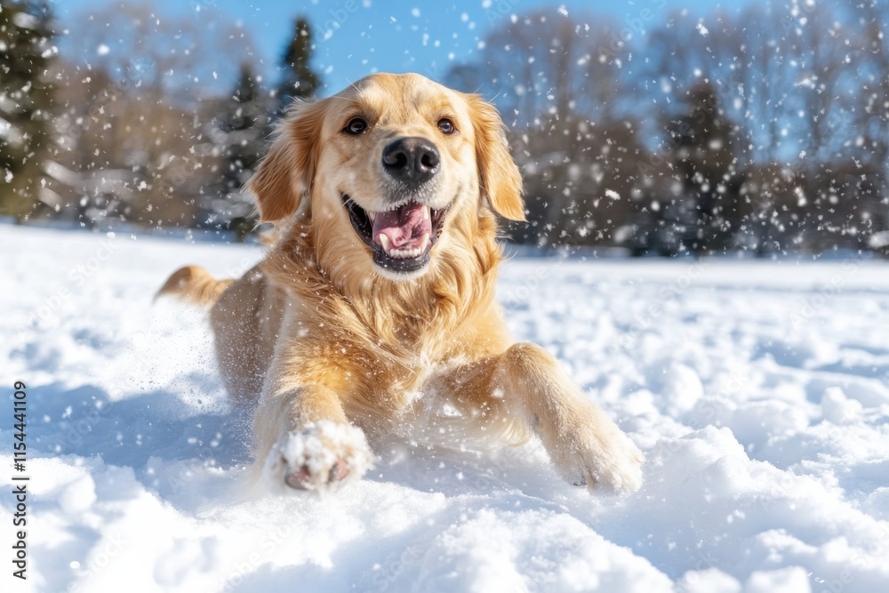 A joyful golden retriever bounds through fresh snow, capturing the essence of playful energy and happiness as it enjoys an exhilarating day outdoors in a wintry landscape. A joyful golden retriever bounds through fresh snow, capturing the essence of playful energy and happiness as it enjoys an exhilarating day outdoors in a wintry landscape.