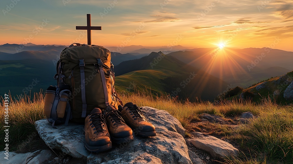 Fototapeta premium Backpacking Adventure Sunrise with Cross at Mountain Summit for Spiritual Journey and Hiking Inspiration : Generative AI