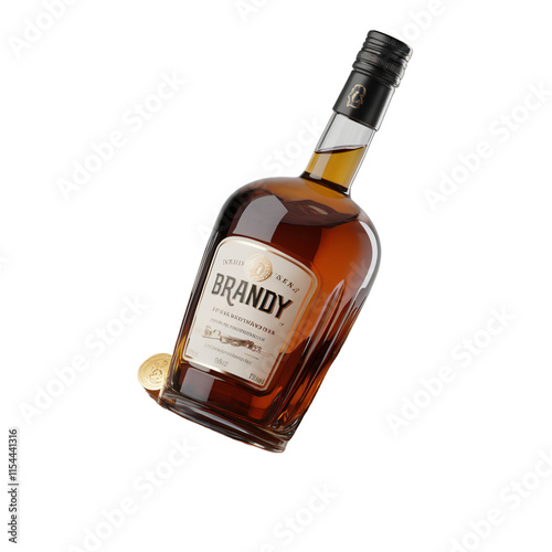 A 3D render of a cartoon-style bottle of brandy, placed on a wooden barrel. The bottle is filled with a golden liquid. There are small barrels and a few objects, such as a coin