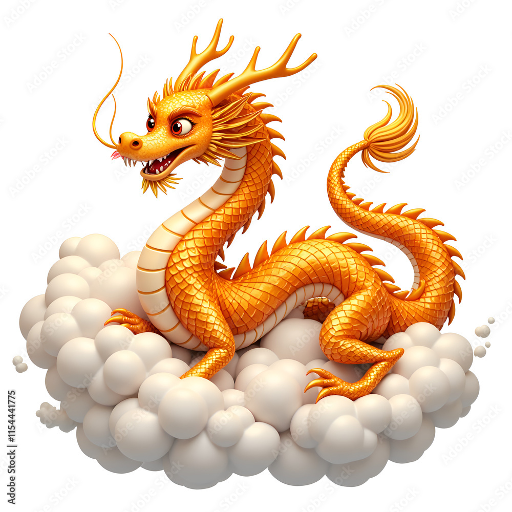 Obraz premium Majestic golden dragon surrounded by ethereal clouds for fantasy artwork and illustrations, digital art of fantasy concept.