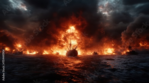 A fleet of ships burning amidst a vast ocean, surrounded by stormy skies, illustrating themes of chaos, struggle, and looming devastation on the open waters. photo