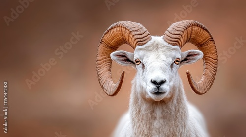 Magnificent ram with large, spiraled horns looking gracefully into the lens, set against a soft-toned outdoor backdrop, exemplifying natural elegance and calm. photo