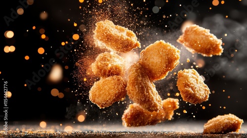 Golden chicken nuggets are portrayed in an artistic gust, with dynamic movement and visual splendor, representing deliciousness and culinary vibrancy in this scene. photo