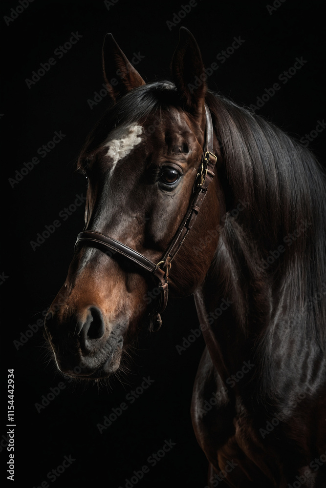 Fototapeta premium Elegant portrait of a horse with an expressive look. Close-up shows details: shiny coat, strong features and intelligent eyes. Ideal for animal lovers, equestrian and nature lovers
