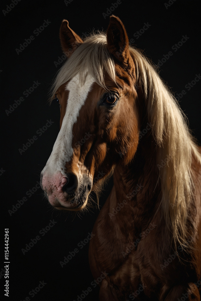 Obraz premium Elegant portrait of a horse with an expressive look. Close-up shows details: shiny coat, strong features and intelligent eyes. Ideal for animal lovers, equestrian and nature lovers