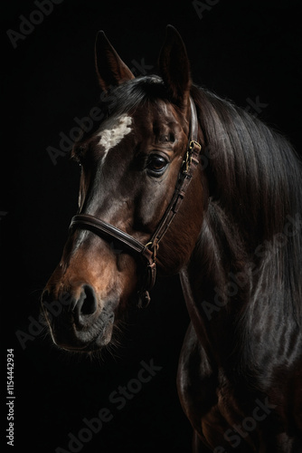 Elegant portrait of a horse with an expressive look. Close-up shows details: shiny coat, strong features and intelligent eyes. Ideal for animal lovers, equestrian and nature lovers