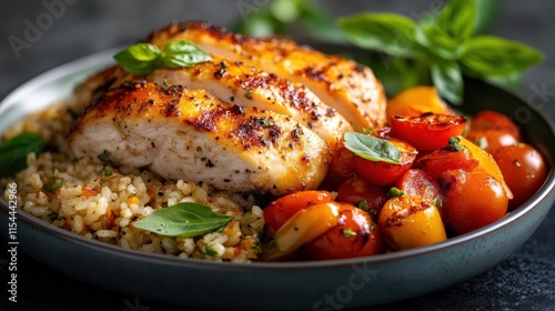 A delectable dish featuring seasoned chicken with fresh basil and cherry tomatoes, all served on a bed of hearty rice. A symbol of healthy, flavorful cuisine.