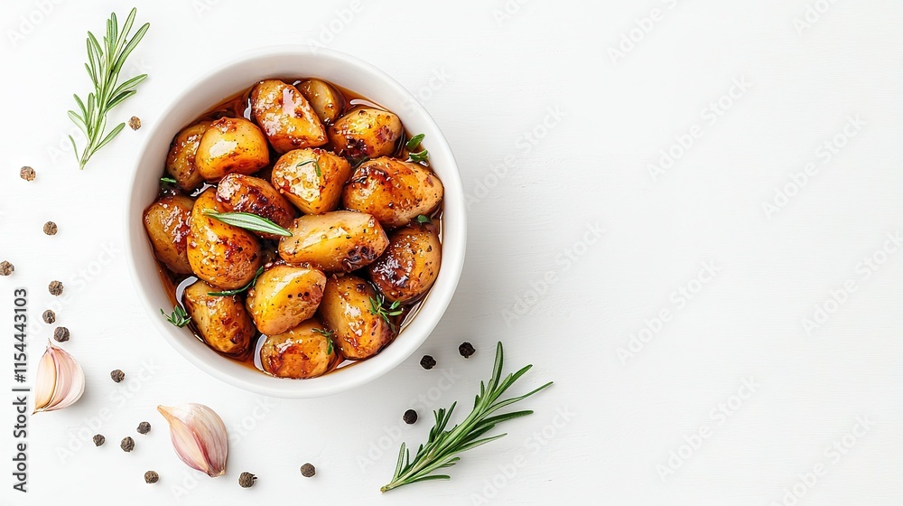 A bowl of white potatoes, sprinkled with garlic flakes and garnished with fresh rosemary A bowl of white potatoes, sprinkled with garlic flakes and garnished with fresh rosemary