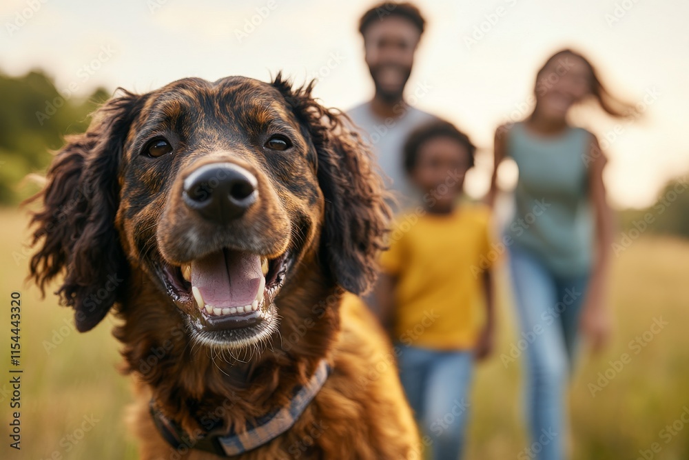Happy dog leads family on a joyful walk through a sunny field in the late afternoon Happy dog leads family on a joyful walk through a sunny field in the late afternoon