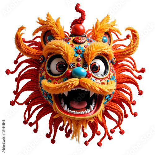 Intricate lion dance mask with colorful details and expressive features, perfect for cultural celebrations and festivals, 3d rendering of cultural art concept.