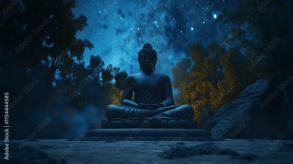 Buddha Statue in Starry Night Forest Inspiring Tranquility and Deep Reflection : Generative AI