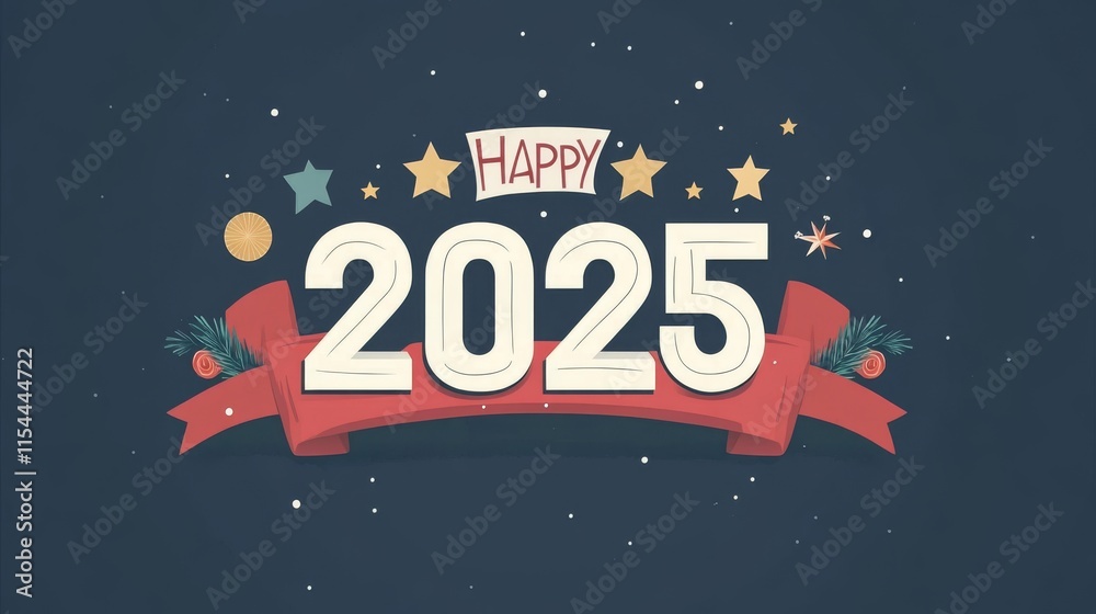 Fototapeta premium In a sleek modern setting, the 2025 Happy New Year is adorned with a golden ribbon, vibrant confetti, and white numbers.