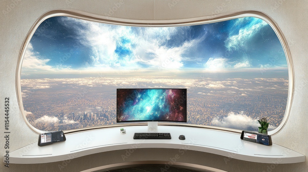 Naklejka premium Futuristic workspace with panoramic city view.