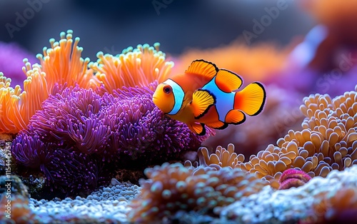 Dazzling Clownfish Navigating Lush Coral Reefs Highlighting Diverse Marine Life and Oceanic Richness : Generative AI photo