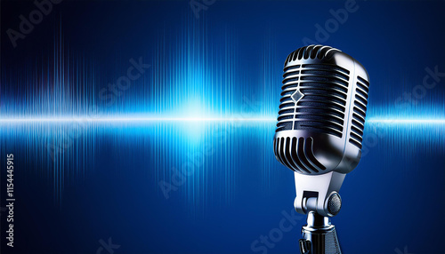 Vintage microphone with soundwave on blue illuminated background