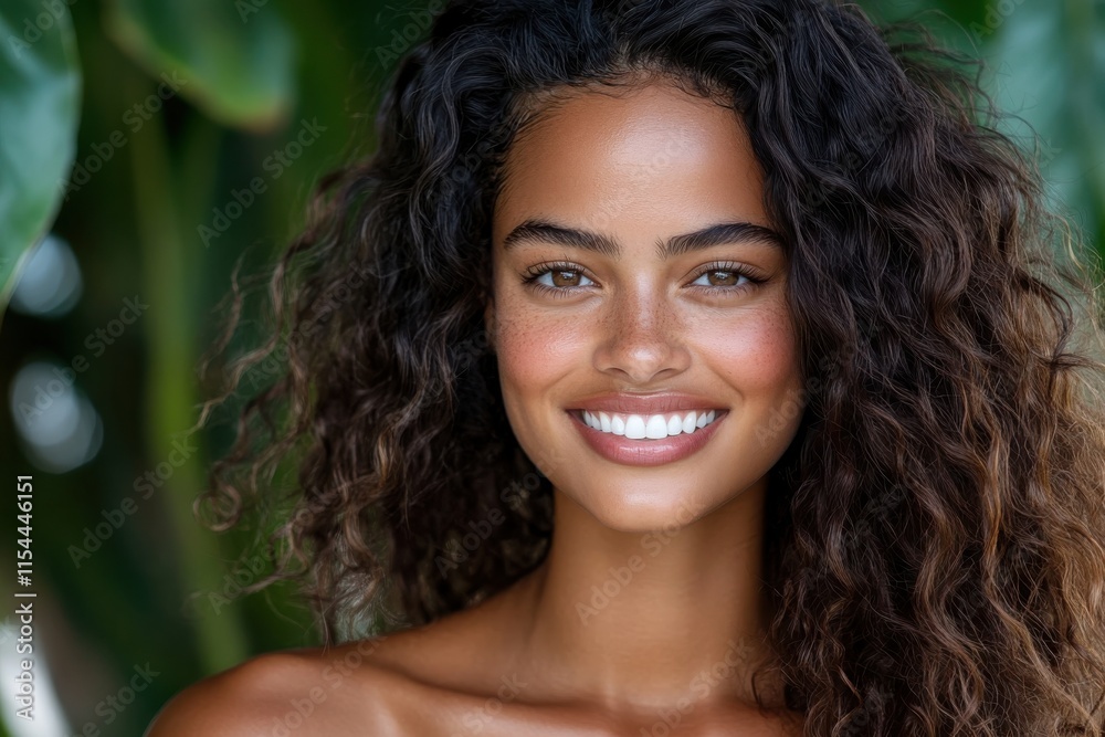 This image features a smiling young woman with beautiful curly hair set against a lush green backdrop, radiating warmth, joy, and confidence in her expression. This image features a smiling young woman with beautiful curly hair set against a lush green backdrop, radiating warmth, joy, and confidence in her expression.