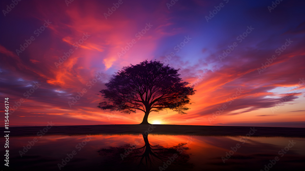 Resplendent Sunset Over the Horizon: A Spectacular Display of Nature's Twilight Colors and the Silhouette of a Solitary Tree Resplendent Sunset Over the Horizon: A Spectacular Display of Nature's Twilight Colors and the Silhouette of a Solitary Tree