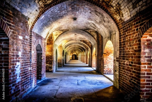 Fort Morgan's historic hallways bathed in low light, a Southern military fortress' nocturnal mystery.