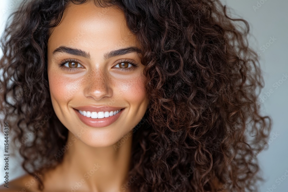 This image showcases a radiant young woman with freckles and bouncy curly hair, her joyful expression bringing out a sense of liveliness and allure. This image showcases a radiant young woman with freckles and bouncy curly hair, her joyful expression bringing out a sense of liveliness and allure.