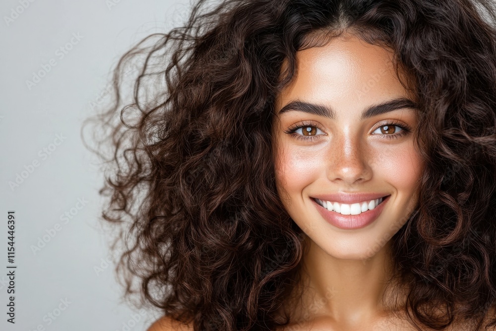 This image captures a joyful young woman with curly hair, her smile brightening the scene and radiating an infectious sense of happiness and vitality. This image captures a joyful young woman with curly hair, her smile brightening the scene and radiating an infectious sense of happiness and vitality.