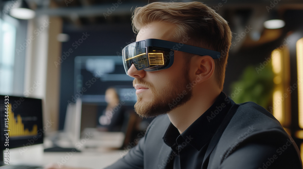 Young Professional Wearing AR Glasses Analyzing Cryptocurrency Graphs in Sleek Modern Office Young Professional Wearing AR Glasses Analyzing Cryptocurrency Graphs in Sleek Modern Office