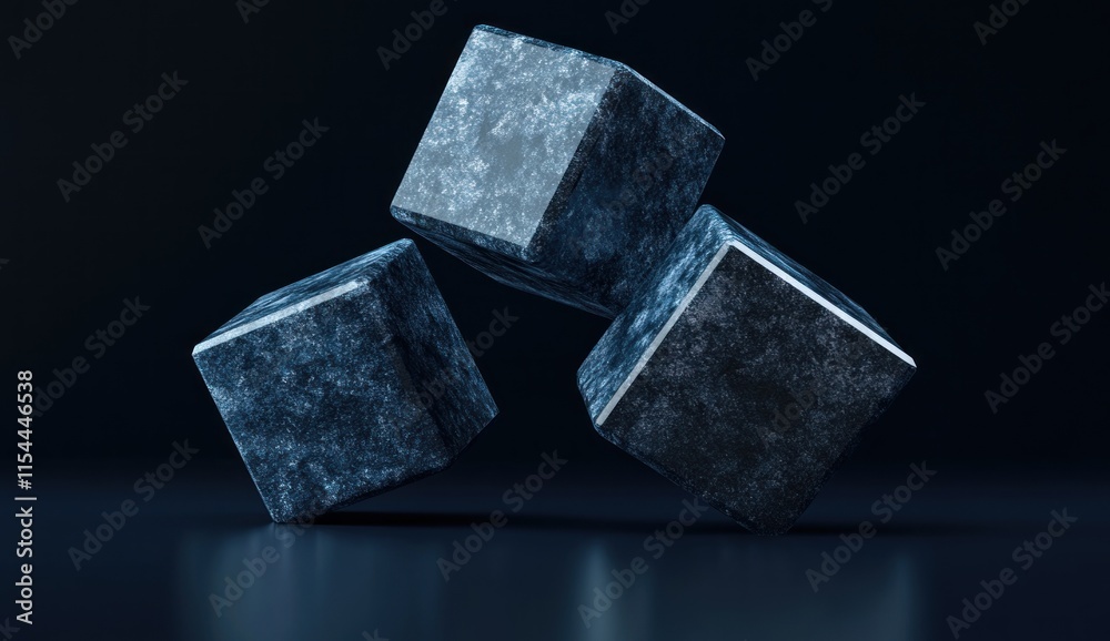 Three dark blue marble cubes on black background. Three dark blue marble cubes on black background.