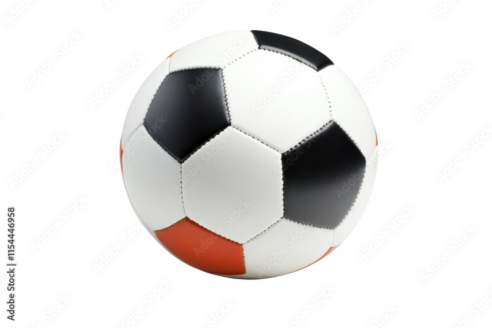 A Leather Soccer Ball with White, Black, and Orange Panels Is Isolated Against a Black Background and Looks Transparent A Leather Soccer Ball with White, Black, and Orange Panels Is Isolated Against a Black Background and Looks Transparent